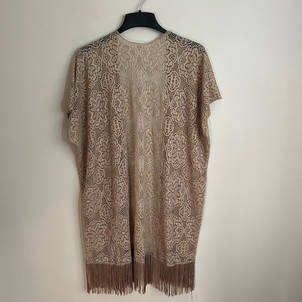 Womens Tan Lace Crochet Fringe Kimono Wrap Open Front Boho Cover Up OS - Picture 5 of 5